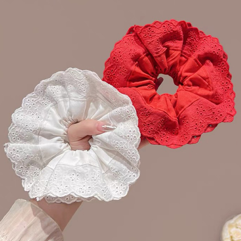 French retro lace large intestine hair band with a high-end female feel, white hollowed-out hair tie, 2025 new style hair tie and headwear Specification drawing