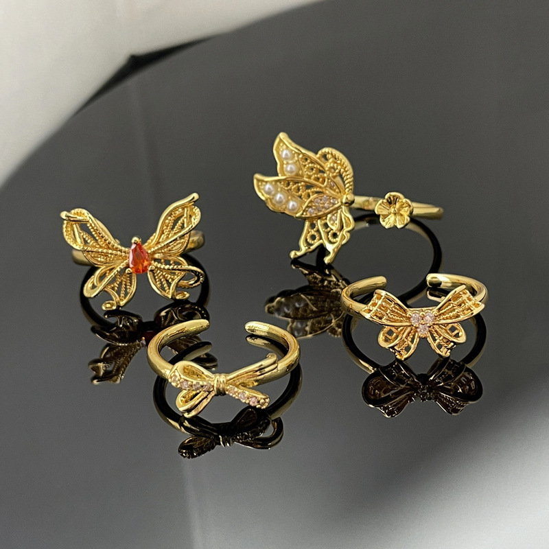 New Chinese-style retro lace butterfly hollowed-out exquisite opening ring for women, sweet, cool, fashionable and cold style index finger ring full figure