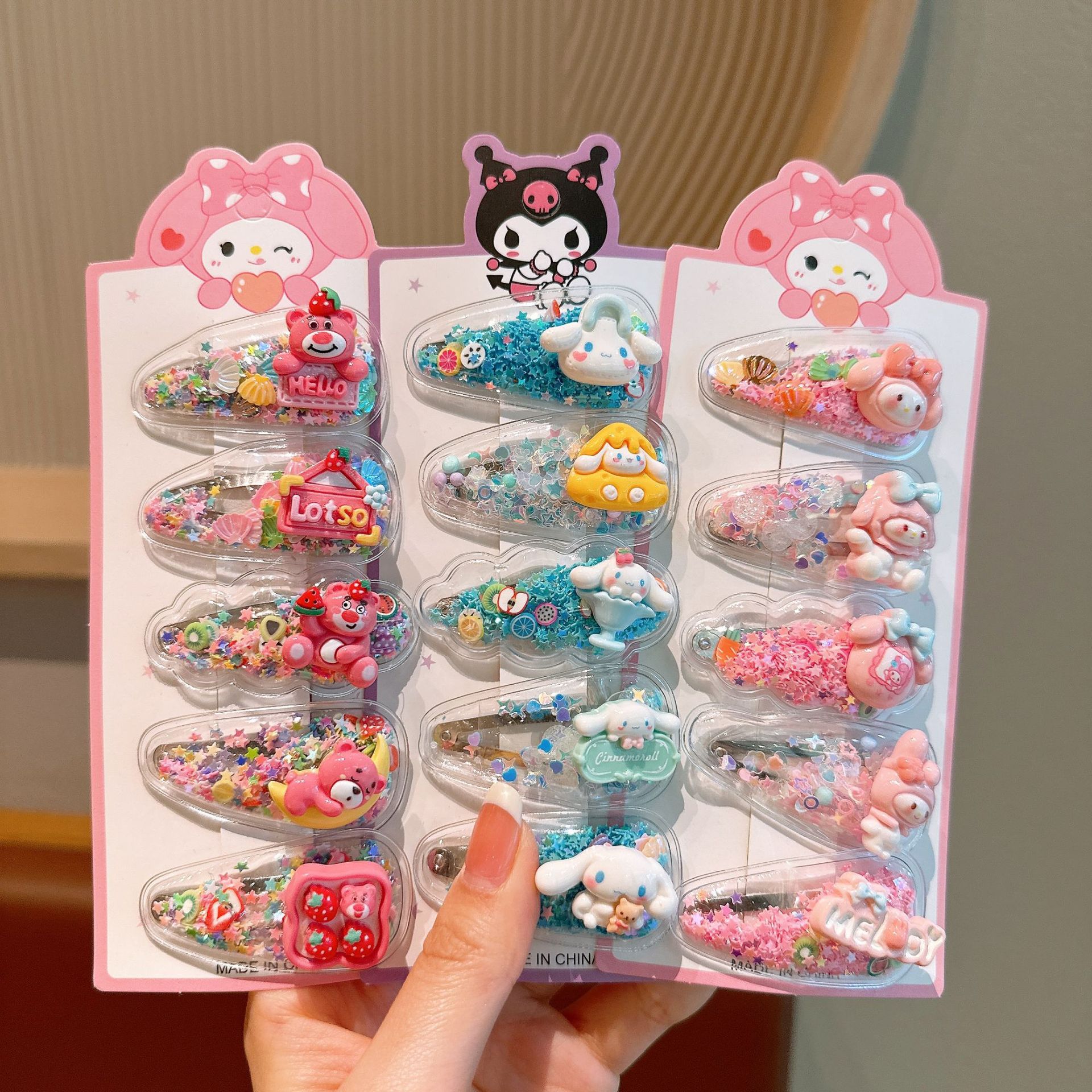 New children's flowing sand clips, cute Sanrio hair clips for girls, student bangs, small hair clips, bb clips for girls, sweet hair clips full figure