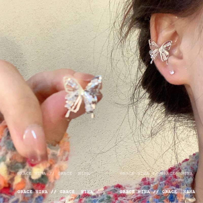 Hollowed-out zircon butterfly ear clips for women, new exquisite, niche and versatile ear studs, light luxury and high-end earrings for women details Picture
