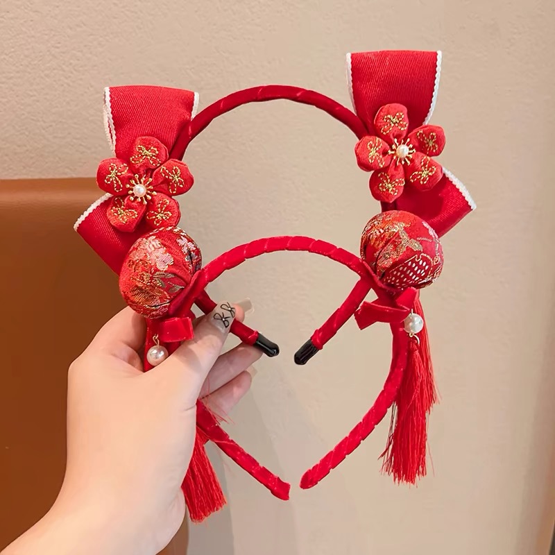 New Year's ancient-style tassels, Chinese-style red headwear, first birthday hair band, Tang suits, Hanfu accessories, baby bows, festive Specification drawing