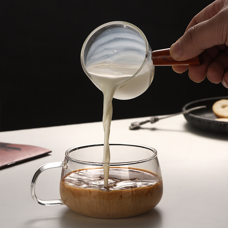 Glass small milk cups with scales, wooden coffee measuring cups, mini espresso cups, heat-resistant double-spout milk cups Item Picture