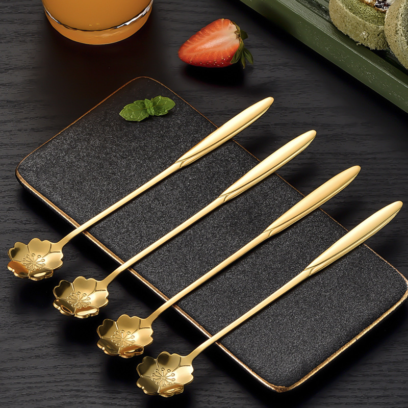 Wholesale of golden stainless steel cherry blossom coffee spoons, ice spoons, mixing spoons, glass cups, household water cups and exquisite spoons Application Scenario