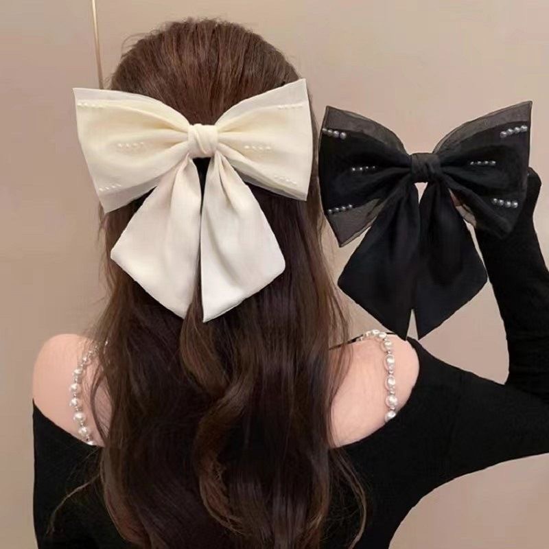 Mesh pearl black bow hair clip, women's back head coil spring clip, high-end satin top clip hair accessory full figure