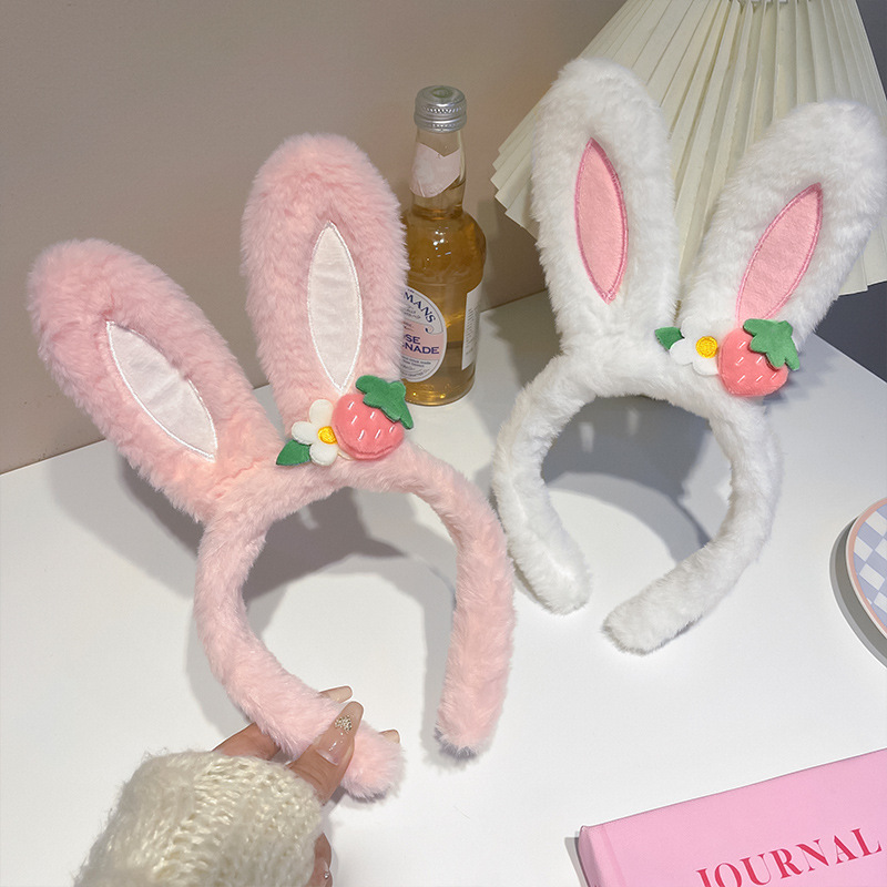 Cute strawberry flower rabbit ear hair band, women's winter plush hair pressure headband, children's hair tie, hair clip headwear details Picture