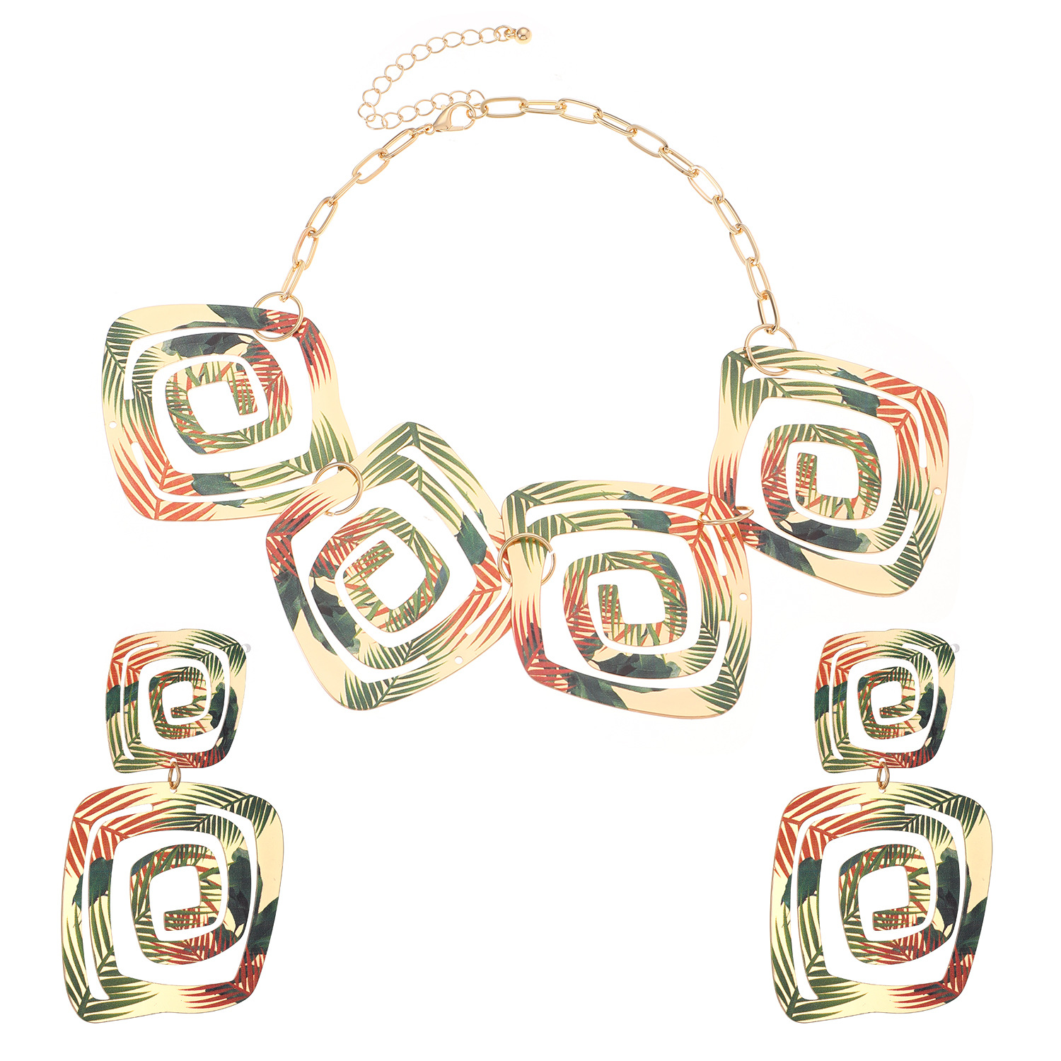 European and American cross-border TEMU exaggerated geometric alloy earrings and necklace set, women's retro ethnic style fake party jewelry Item Picture