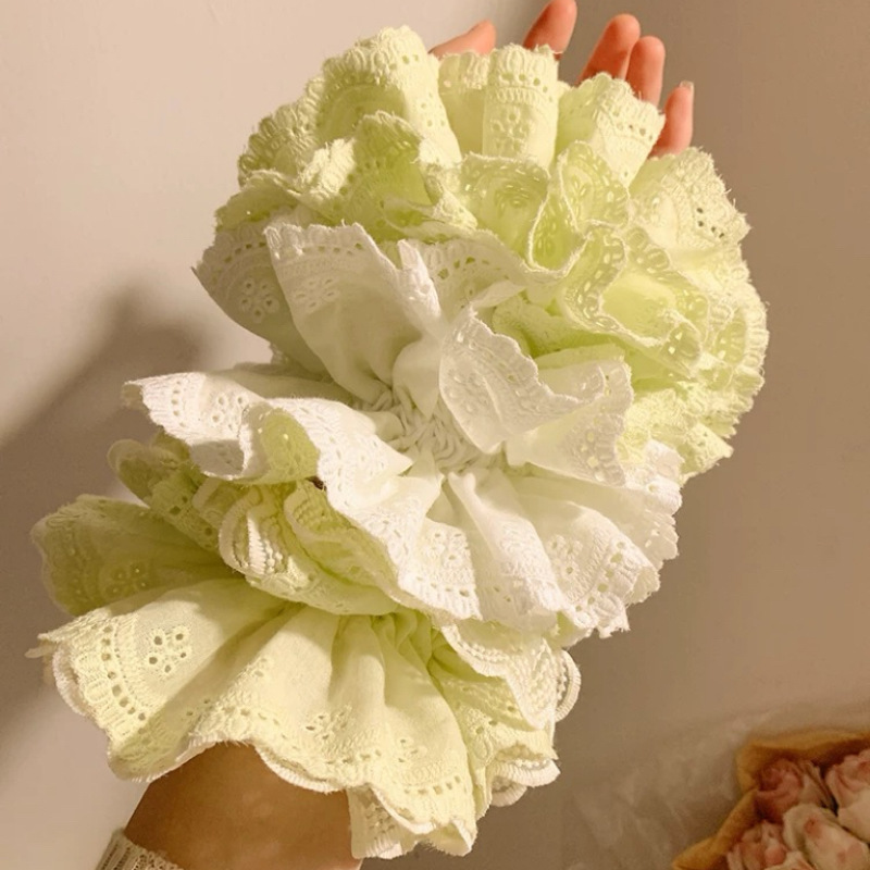 Summer green apple ~ Green lace large intestine hair tie for a woman's high-end look, bun hairstyle, Korean-style oversized hair accessory tied up Specification drawing