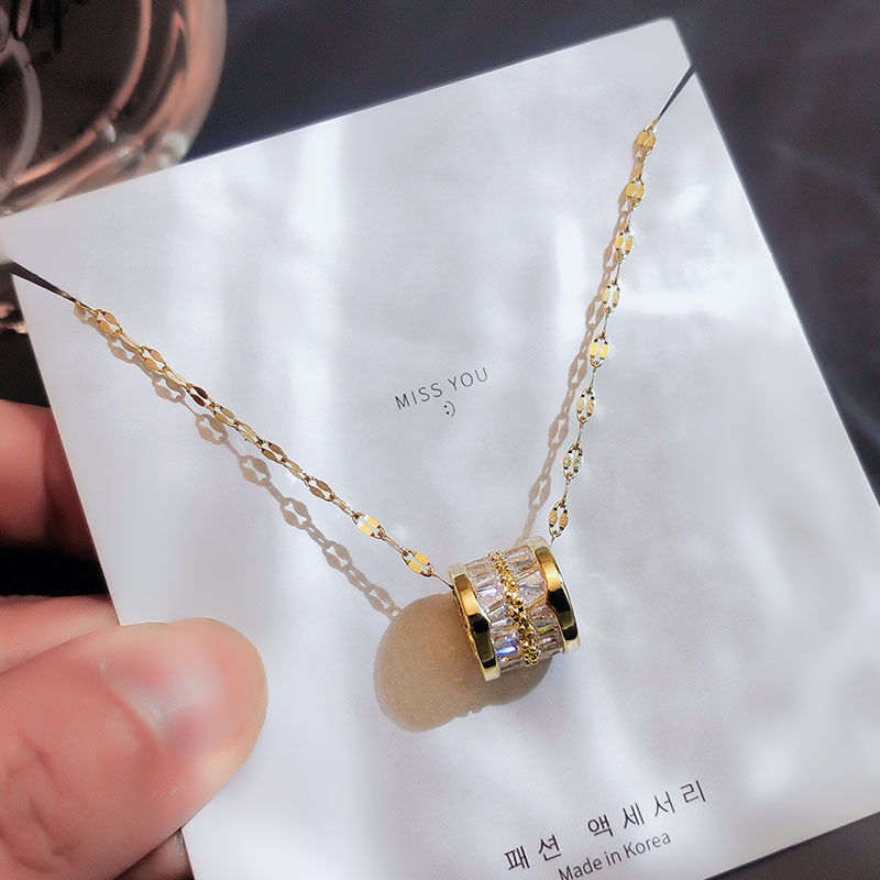 Fashionable double-row full diamond zircon waist pendant titanium steel necklace, women's niche light luxury high-end collarbone chain wholesale full figure