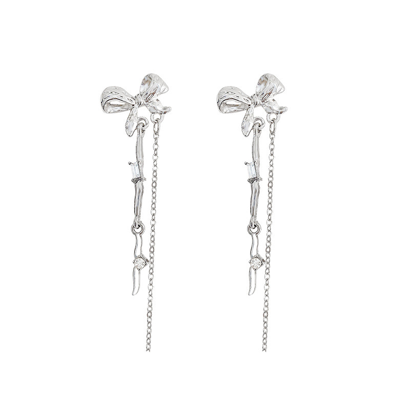 S925 Silver needle Bow Zircon tassel earrings are a light luxury and high-end design for women, versatile and elegant, and are popular online earrings Item Picture