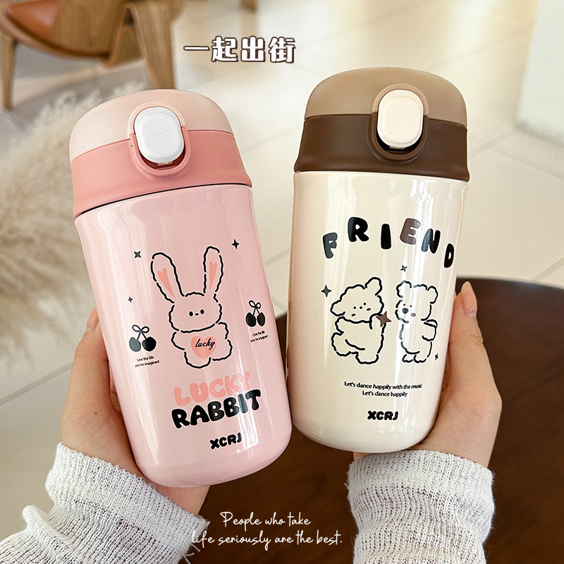 New insulated student water cup, high appearance level for girls, double-drinking coffee cup, portable straw, 304 stainless steel cup for girls full figure