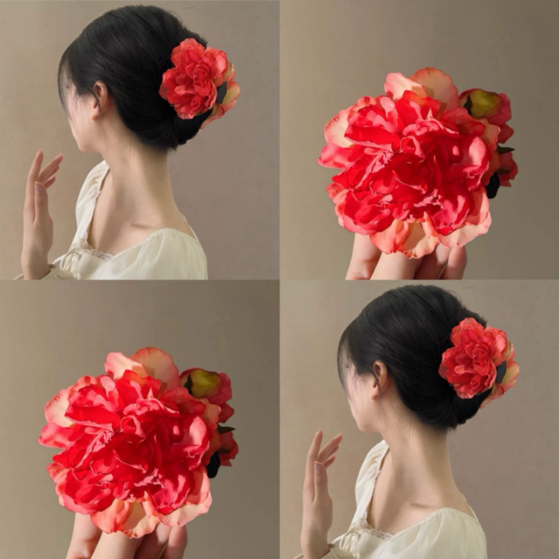 Qinglan ~ Blue Peony Flower Grab Clip for Women 2025 New style back head updo Shark Clip, super ethereal atmosphere hair clip details Picture