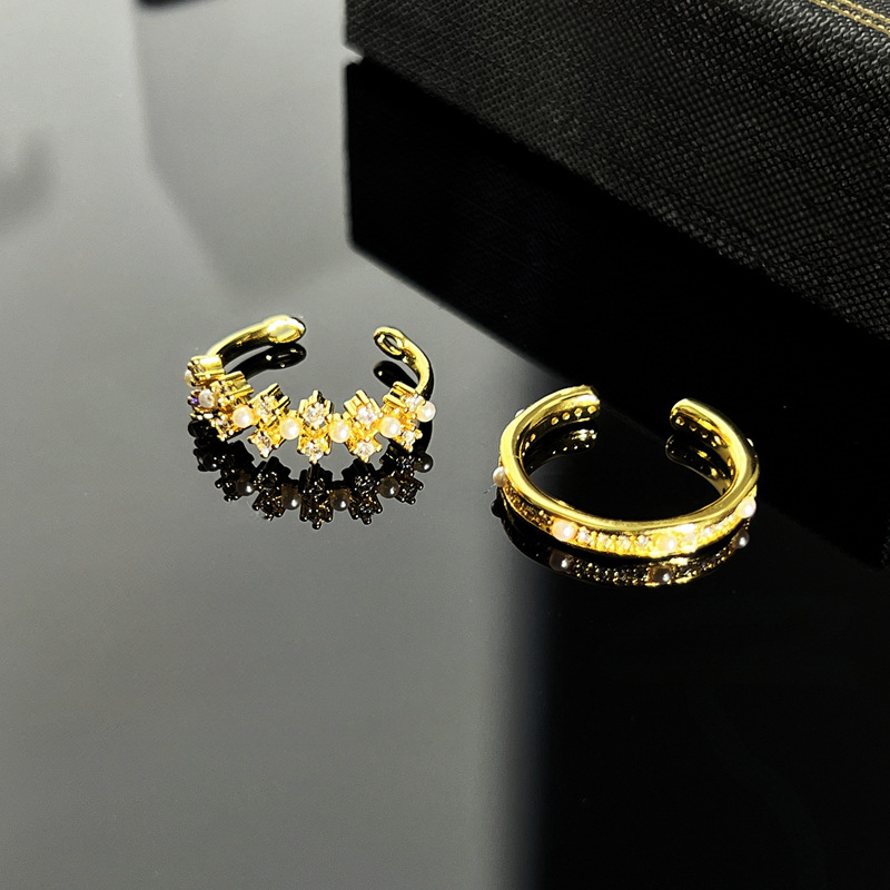 Micro-inlaid French light luxury pearl inlaid hollowed-out niche open ring, feminine, fashionable, sweet and cool stacked food ring Application Scenario