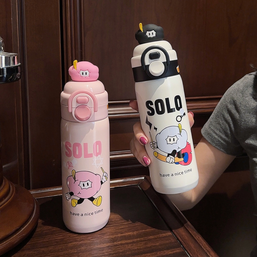 Cartoon cloud insulated cup, children's double-drinking cup, student straw cup, portable, creative, cute, high appearance level stainless steel cup full figure
