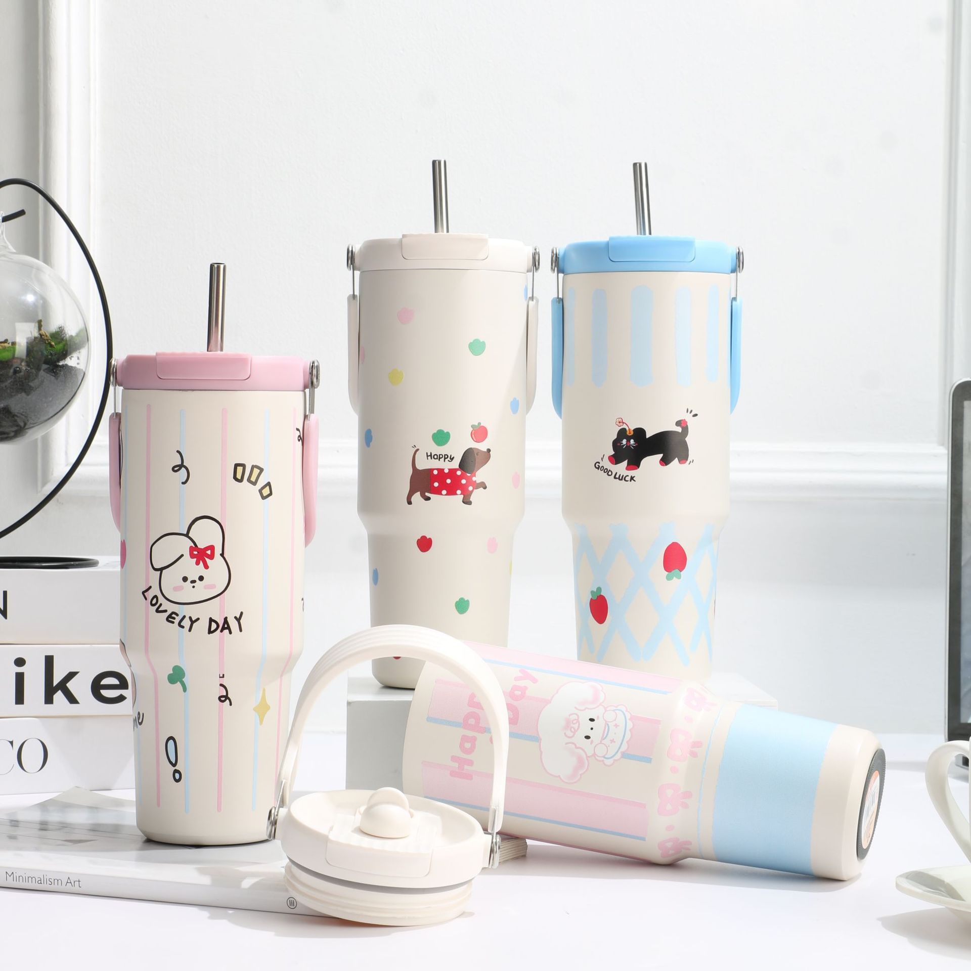 Best-selling cartoon animal straw cup, high appearance level ice king cup, outdoor portable coffee insulated cup, women's large-capacity water cup full figure