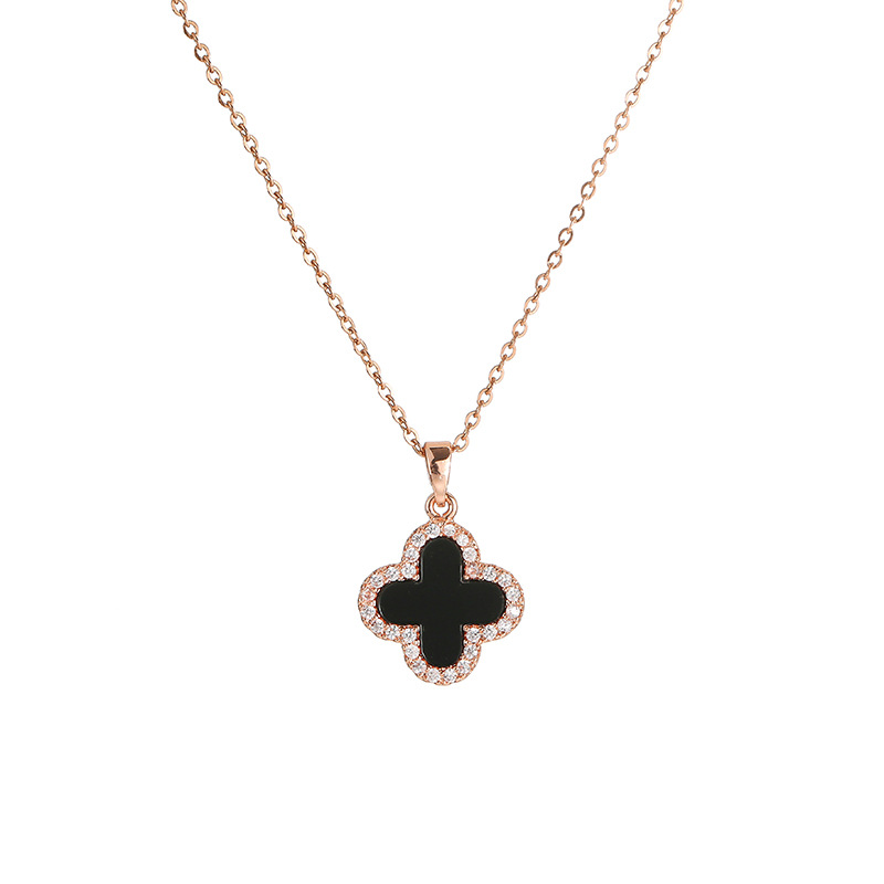 Titanium steel necklace for women, 18k rose gold with diamonds, four-leaf clover pendant, niche and light luxury, black shell collarbone chain, elegant neck chain Item Picture