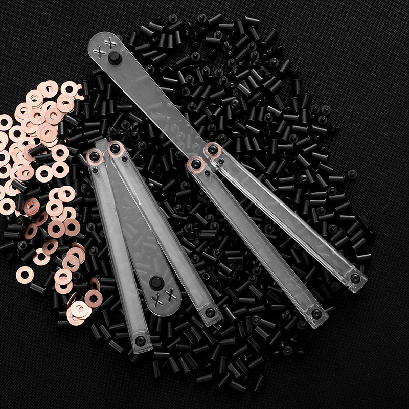 Yapi Workshop Transparent Butterfly Knife, uncut training knife, Folding knife, Swinging knife, Clown Smiling Face, Plastic pc squid Specification drawing