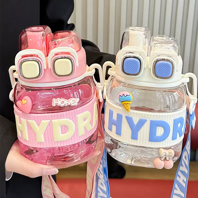 Summer girls' water cup tritan children's portable double-drinking straw cup Simple couple student slanted cross plastic cup full figure
