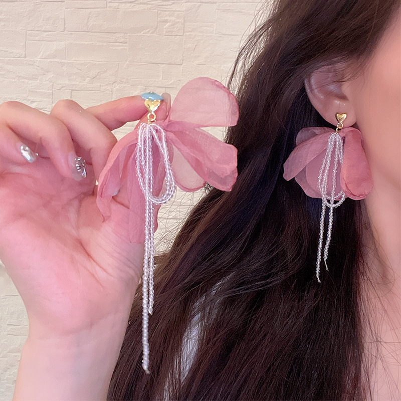 Seaside vacation style flower tassel earrings, feminine atmosphere, ethereal beaded earrings, 2025 new high-end earrings details Picture