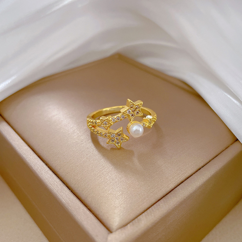 【 Real gold electroplating 】 Open star pearl fashionable slightly inlaid light luxury ring index finger ring, the same style as Internet celebrities, cold style Specification drawing