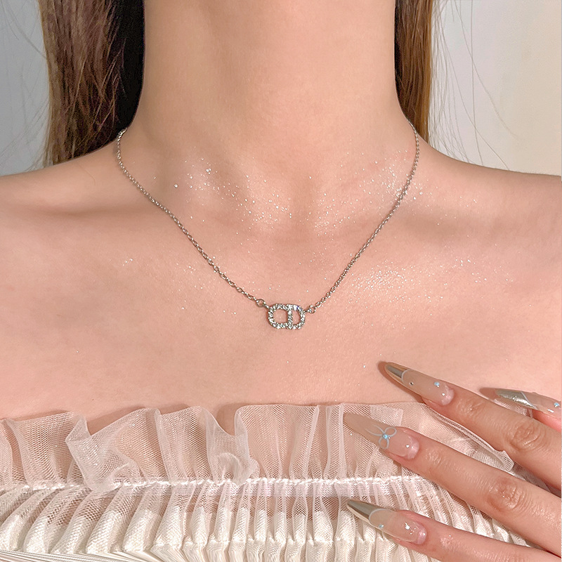 Korean minimalist letter CD necklace, women's ins bracelet ring, high-end design sense zircon collarbone chain accessory details Picture