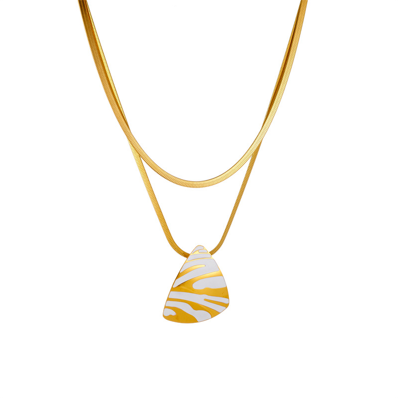 European and American fashion, individual, retro two-color oil drip pattern triangular pendant, double-layer stacked stainless steel chain necklace Item Picture