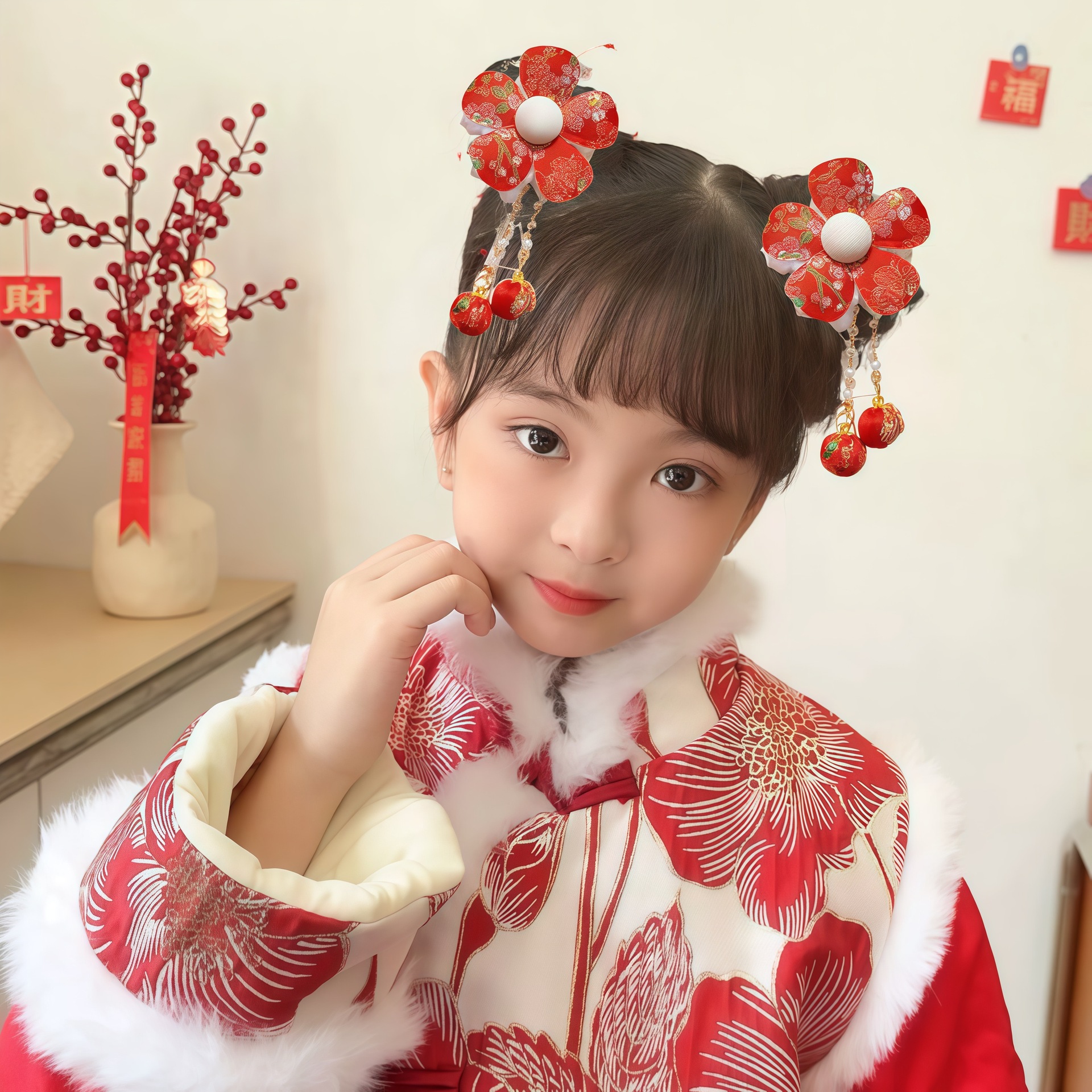 New Year's ancient-style flower hair tie, cute baby headband, high-elasticity rubber band, little girl's festive red girl accessories Specification drawing