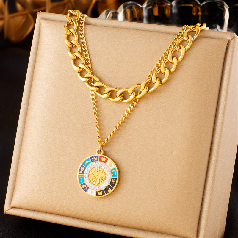 European and American cross-border gold-plated stainless steel round plate oil-drip printed pattern pendant chain double-layer stacked personalized necklace full figure