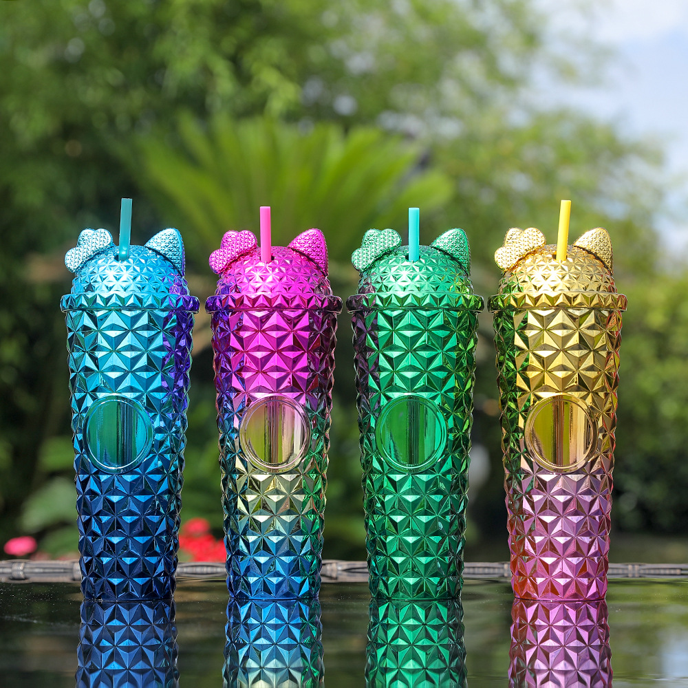 2025 New cross-border factory direct supply Durian Cup, Katie double-layer plastic Diamond cup, large capacity creative straw cup details Picture