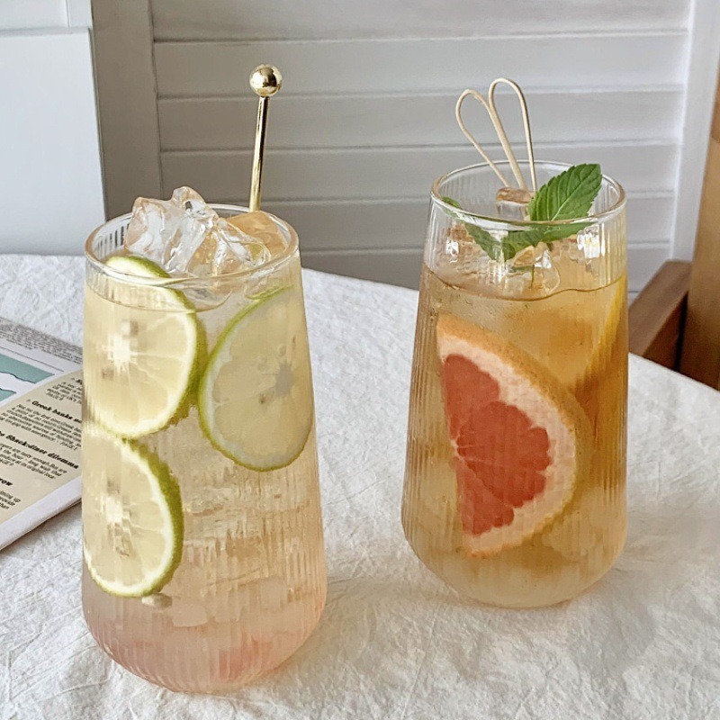 Creative and fresh vertical pattern glass cup, ins high appearance level fruit tea cold drink cup, large-capacity coffee cup, sparkling cola cup Specification drawing