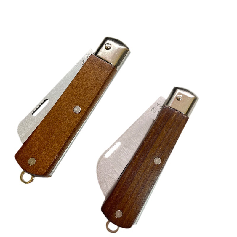 Wholesale of hardware tools: multi-functional wooden handle straight head elbow electrician's knife, stainless steel cable insulation folding peeling knife Item Picture