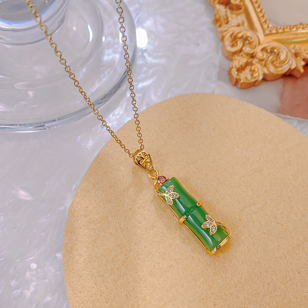 White jade imitation 18k gold-plated simple bamboo joint pendant titanium steel necklace, women's Instagram personality continuous promotion blessing necklace details Picture