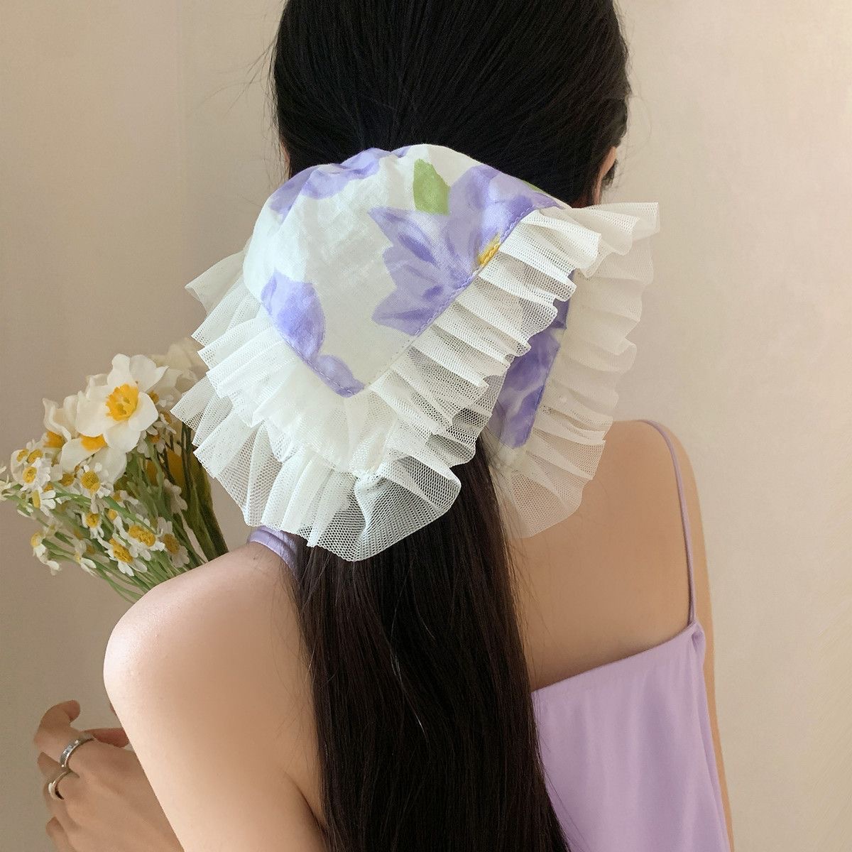 French-style simple floral white high-end hair tie, hair accessory, leather band, Korean-style hair band, oversized large intestine square scarf, hair flower for women full figure