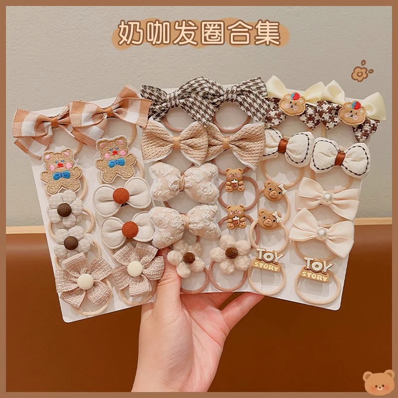A ten-piece set of children's hair bands in milk coffee color, high elasticity and no damage to hair, rubber bands and hair ties for tying hair, cute baby hair accessories details Picture