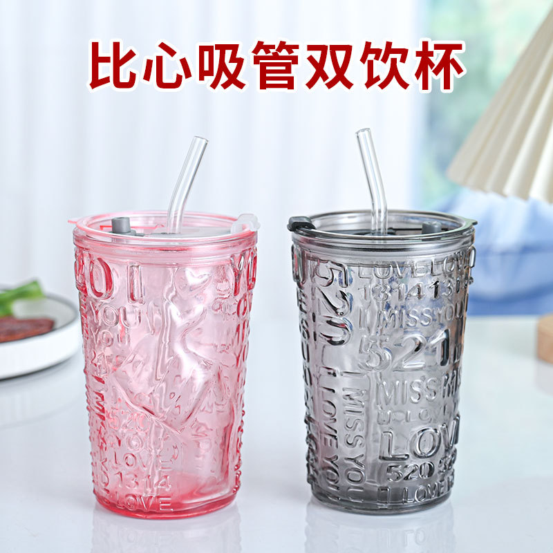 Creative relief glass cups, couple internet-famous water cups, household covered straw cups, high appearance level gift coffee cups wholesale full figure