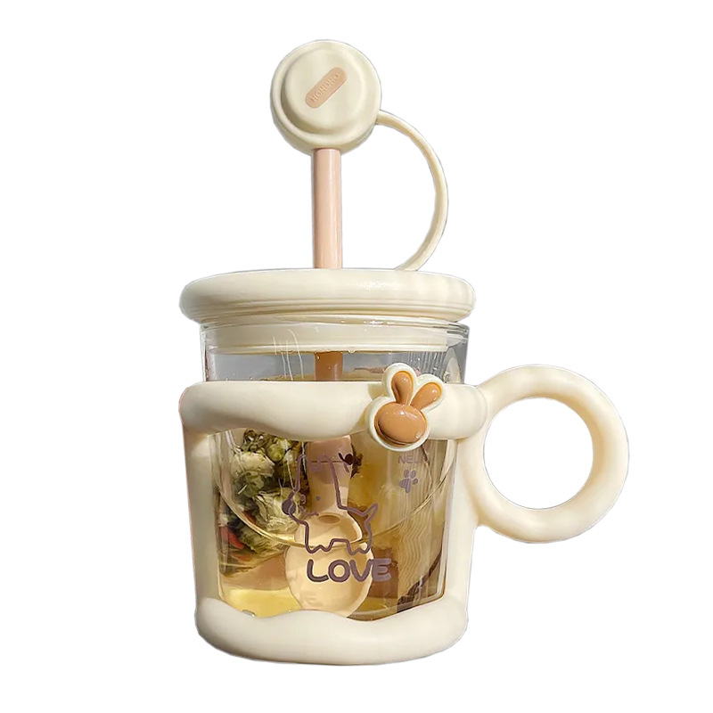 ins creative water cup, tea filter, simple straw cup for girls, office with spoon, high appearance level cartoon glass cup Item Picture