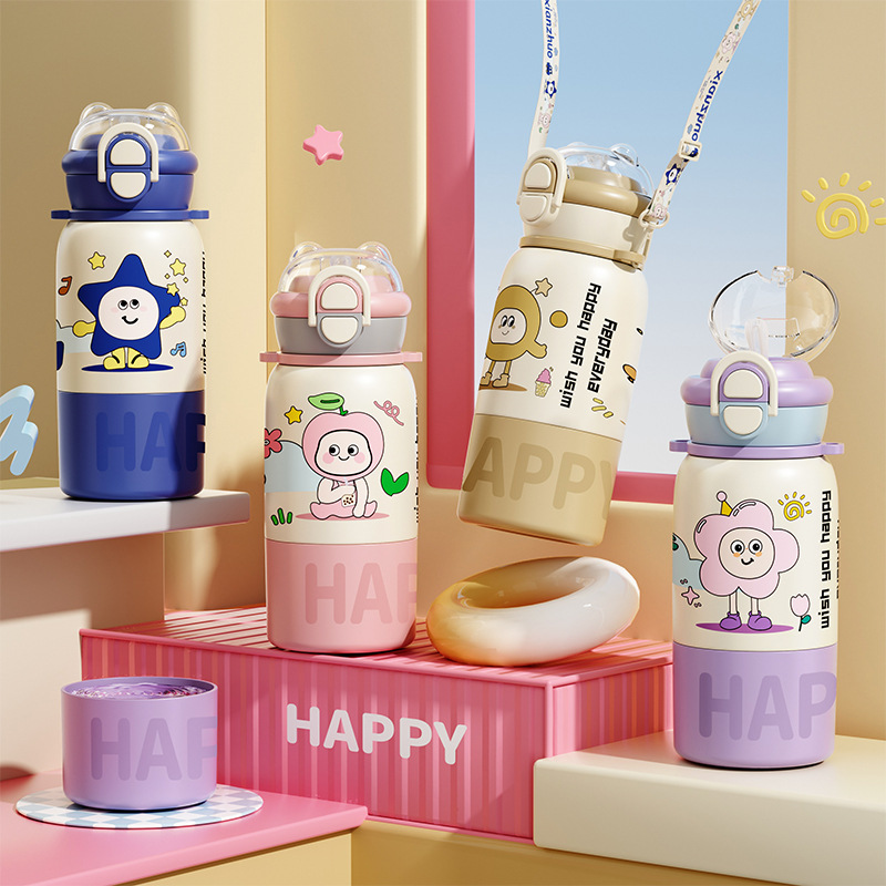 New high-appearance 316 stainless steel insulated cup, cute three-drinking water cup, outdoor portable large-capacity straw cup full figure