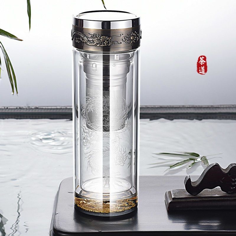 High borosilicate dragon-patterned water cup, transparent glass cup, heat-insulating and anti-scald, double-layer tea brewing cup with tea strainer, business gift cup Application Scenario