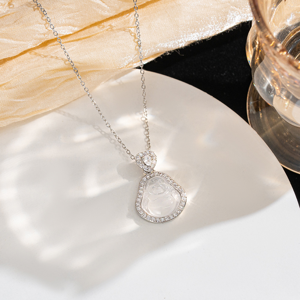 The same style of white slightly transparent small Buddha necklace on Xiaohongshu, a fashionable and high-end titanium steel collarbone chain accessory for women details Picture
