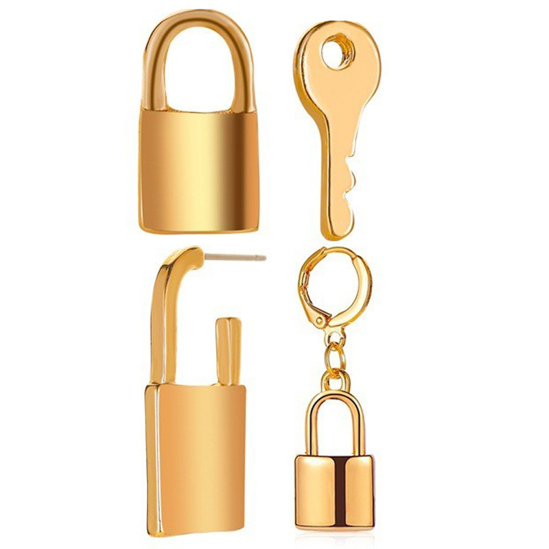 New European and American earrings, retro and personalized set, keys, lock tips, earrings, earrings, punk women's four-piece set, lock ear studs Item Picture