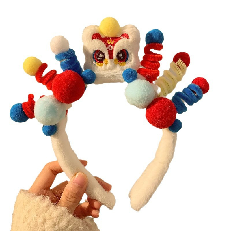 Cute lion dance twist stick children's hairband for girls 2023 new style Funny face wash mask mask plush headband hair accessory Item Picture