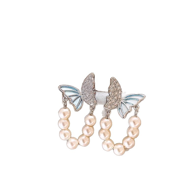 Blue micro-inlaid butterfly pearl stud earrings for women, 2025 new style earrings, niche design sense, unique tassel earrings Item Picture