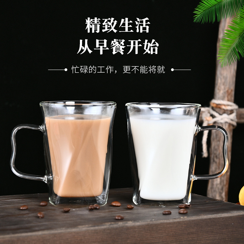 High-temperature resistant glass cup, double-layer heat-insulating water cup, household glass cup with handle, beverage cup, high appearance level transparent water cup Specification drawing