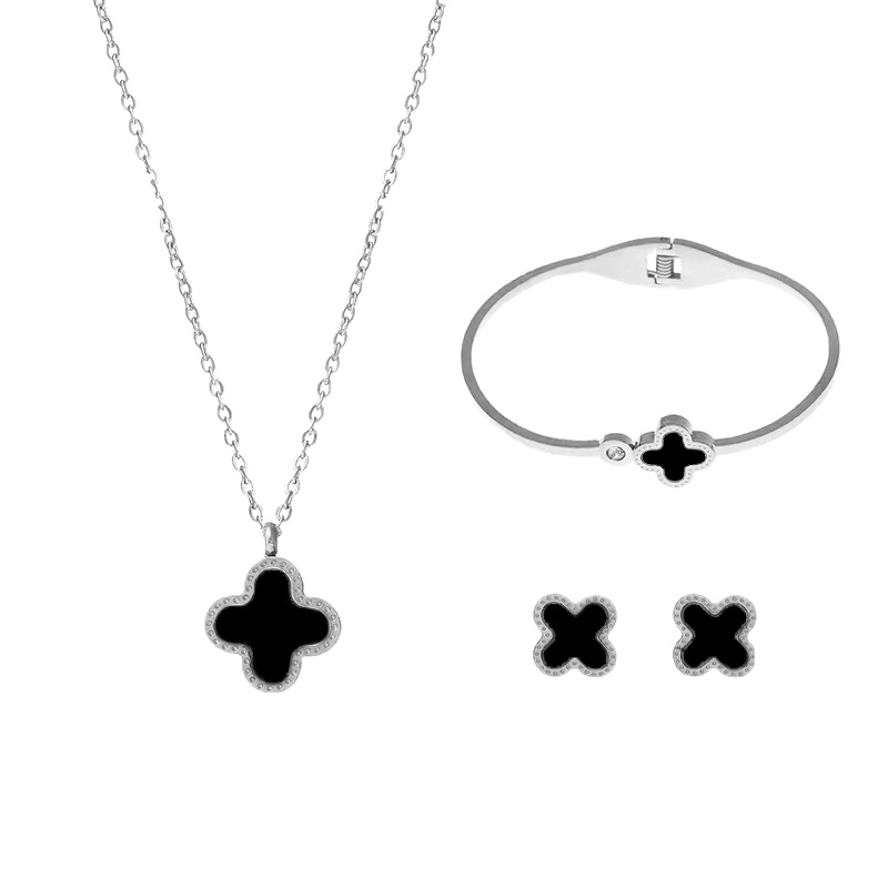 Silver stainless steel natural color four-leaf clover set, fashionable and versatile necklace, women's bracelet, stud earrings, three-piece set, cross-border accessories Item Picture