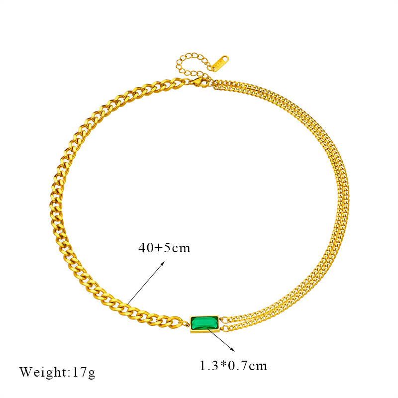 European and American fashion, niche, high-end, light luxury, versatile, retro and cold style, square green diamond irregular chain titanium steel necklace Item Picture