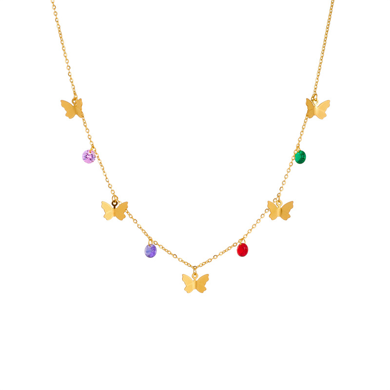 European and American fashion, niche, simple and retro, versatile three-dimensional butterfly-cut, colorful rhinestone pendant chain titanium steel necklace Item Picture