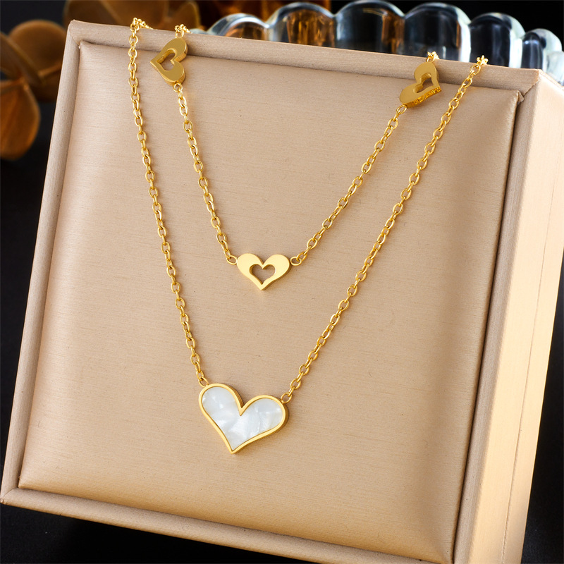 Korean style, simple and elegant, shell heart hollowed-out pendant, stainless steel chain, double-layer stacked gold-plated necklace full figure