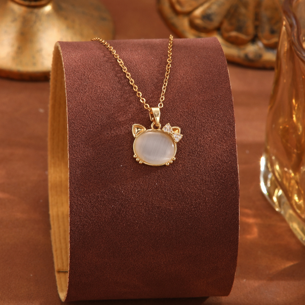 Korean-style simple cat's eye stone pendant titanium steel necklace, niche design, women's light luxury design sense pearl collarbone chain accessory Specification drawing