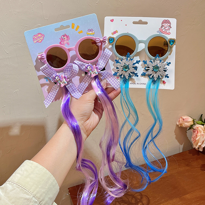Summer new children's sunglasses, Kuromi wigs, braids, cartoon girls' hair clips, sunglasses, baby glasses wholesale Specification drawing