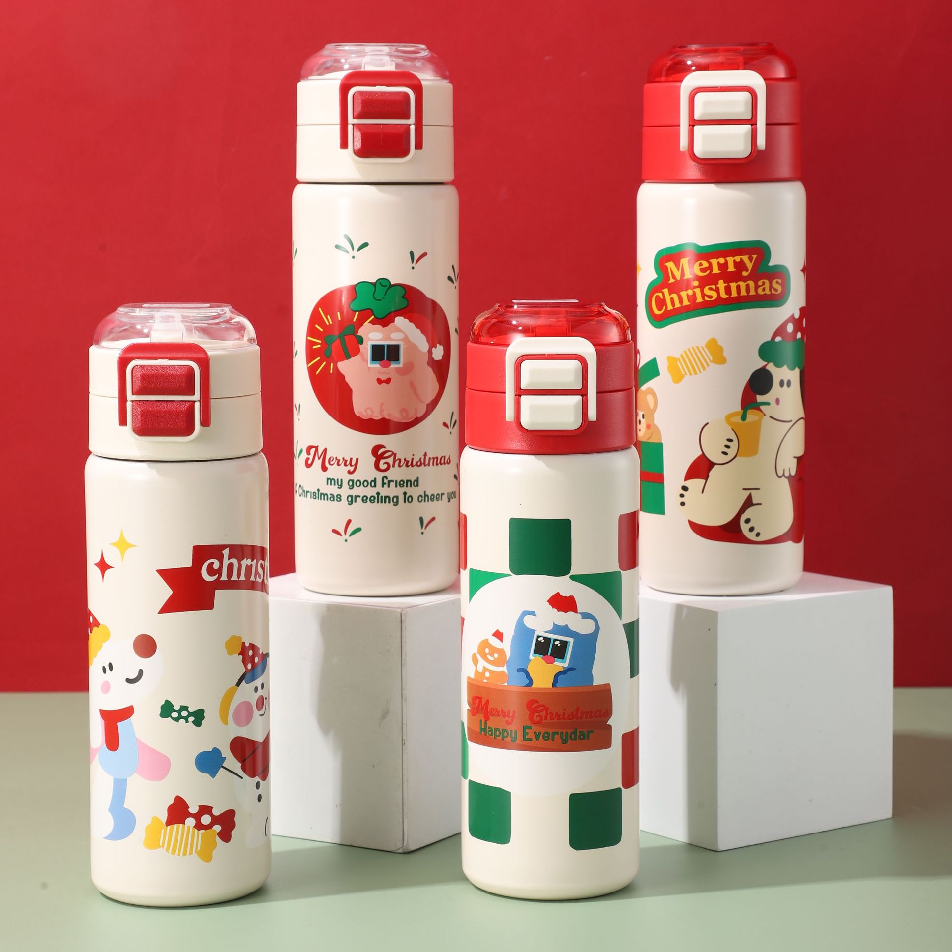 New Christmas series double-spout 316 stainless steel insulated cups, cute cartoon straw cups for holiday gifts wholesale full figure
