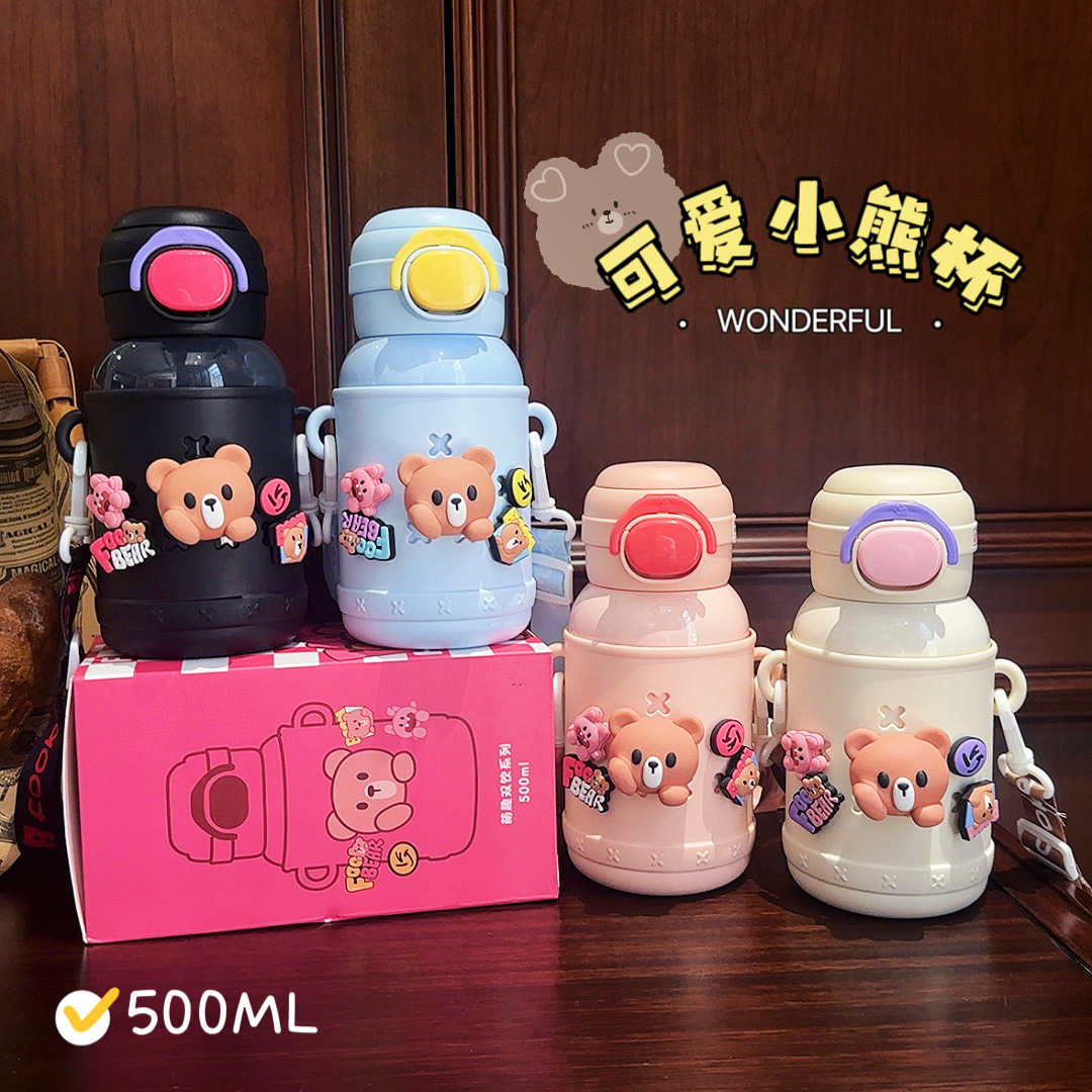 New 316 stainless steel children's water cup, cute bear double-drinking straw cup, portable baby and kindergarten insulated cup details Picture